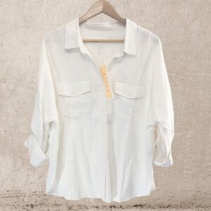 White Flutter Sleeve Button Down Shirt with Notched Collar